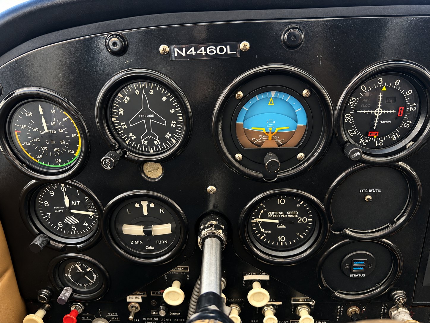 The Cessna 172 instrument panel: airspeed, heading, attitude, altimeter, turn coordinator, and vertical speed
