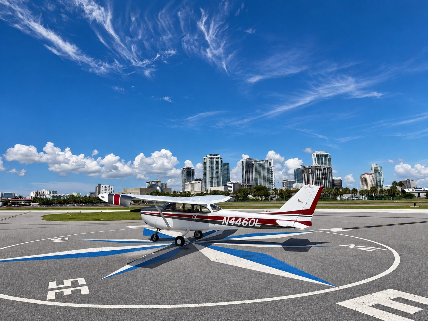 The Cessna 172 training airplane on the compass rose in St. Petersburg