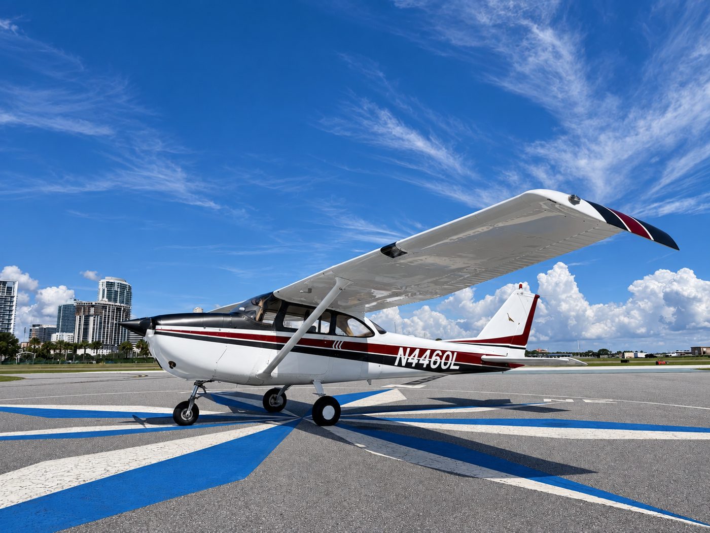 The Cessna 172 training airplane with the downtown St. Petersburg skyline